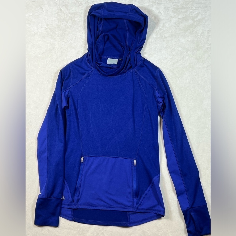 Athleta Plush Tech Blue Pollover Soft Stretch Cotton Hoodie Training Walking EUC
